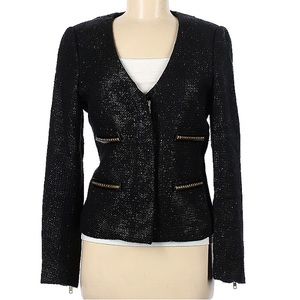 By Malene Birger Tweed Blazer Black Jacket Chic Metallic Gold Flecks Zip Front 8
